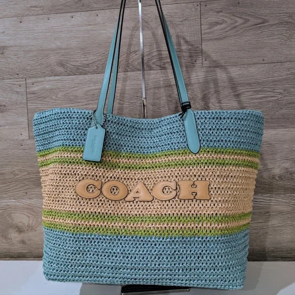 New Coach Straw Blue and Green Woven City Tote Bag - Picture 2 of 7